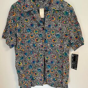 Vintage Top Multicolor Shoulder Pads Retro Funky Button‎ Up Women’s Medium